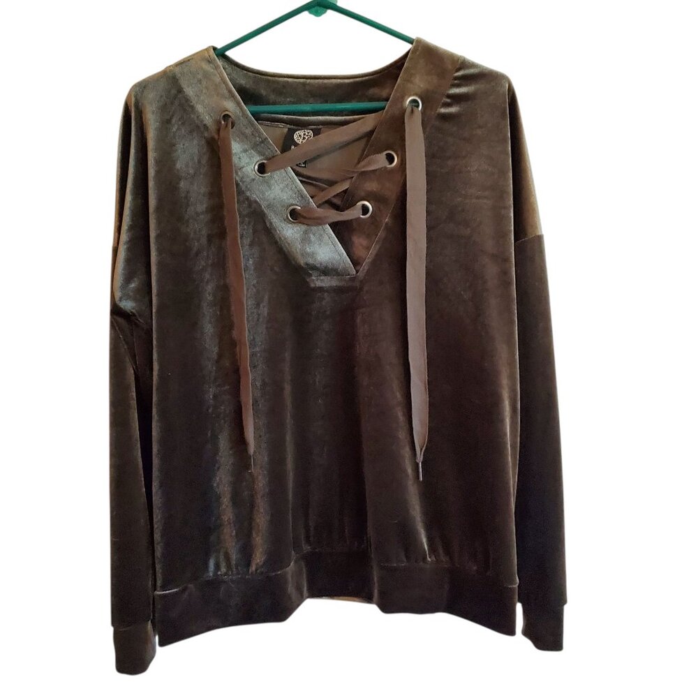 Bobeau Velvet Olive Green Festival‎ Long Sleeve Blouse M